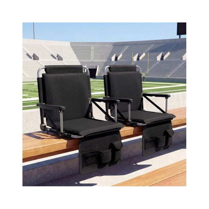 Folding Stadium Seat with Backrest and Armrests, Black, Shoulder Strap