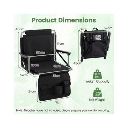 Folding Stadium Seat with Backrest and Armrests, Black, Shoulder Strap