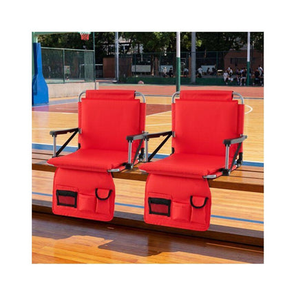 Folding Stadium Seat with Backrest and Armrests, Red, Drink Holder