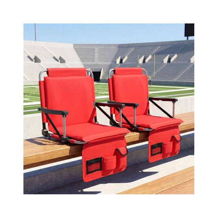 Folding Stadium Seat with Backrest and Armrests, Red, Drink Holder