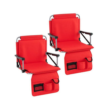 Folding Stadium Seat with Backrest and Armrests, Red, Drink Holder