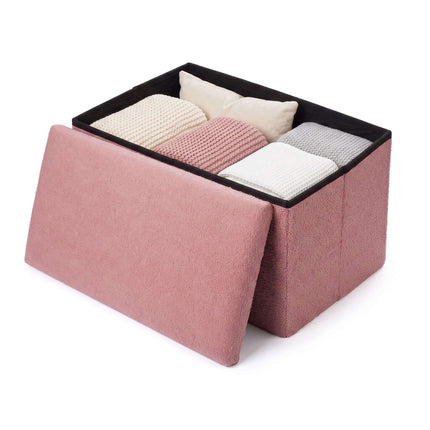 Folding Storage Bench with Teddy Fabric for 2 People, Pink, 80 L