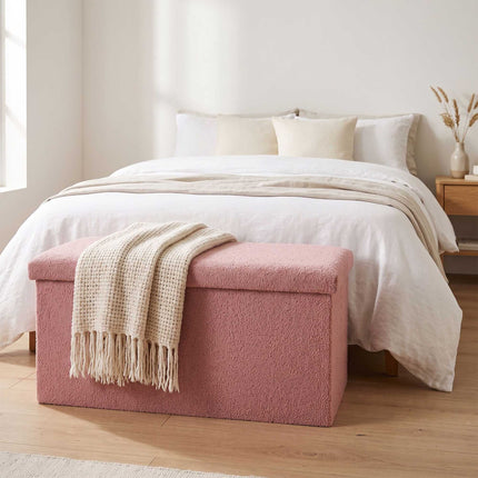 Folding Storage Bench with Teddy Fabric for 2 People, Pink, 80 L