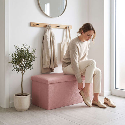 Folding Storage Bench with Teddy Fabric for 2 People, Pink, 80 L