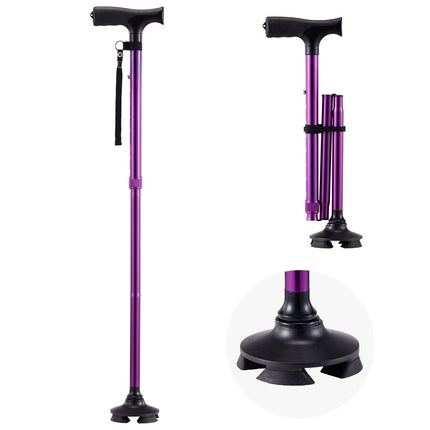 Folding Walking Cane, 8-Level Adjustable Quad Base, Purple