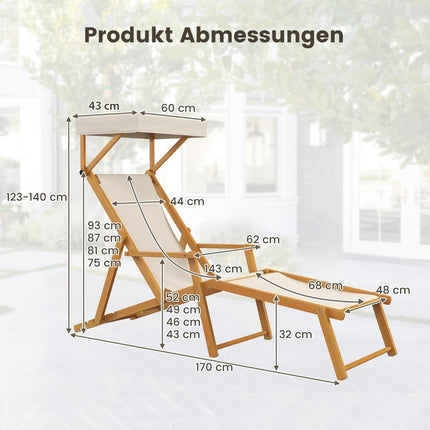 Folding beach lounger with tilting canopy & adjustable backrest & footrest