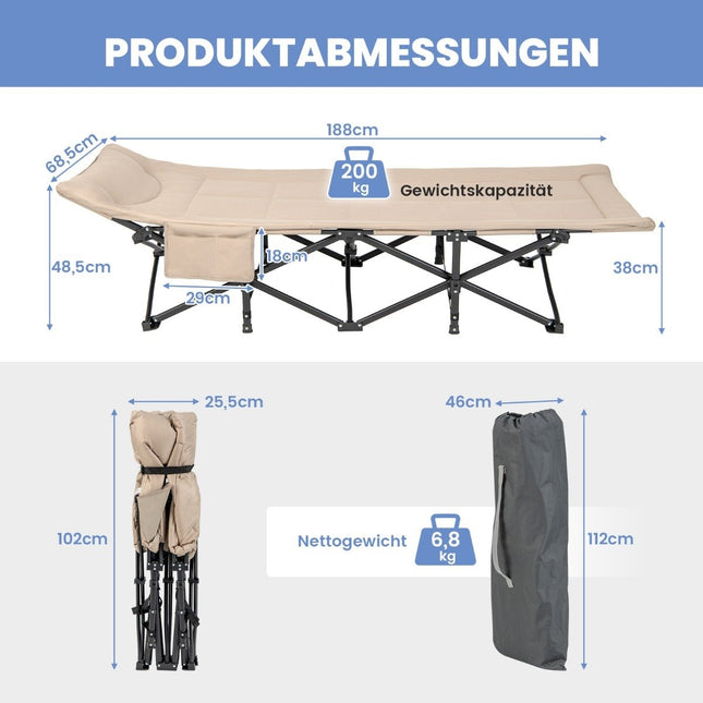 Opvouwbare kampeerligstoel met zijvak, veldbed, draagvermogen tot 200 kg, logeerbed, kaki