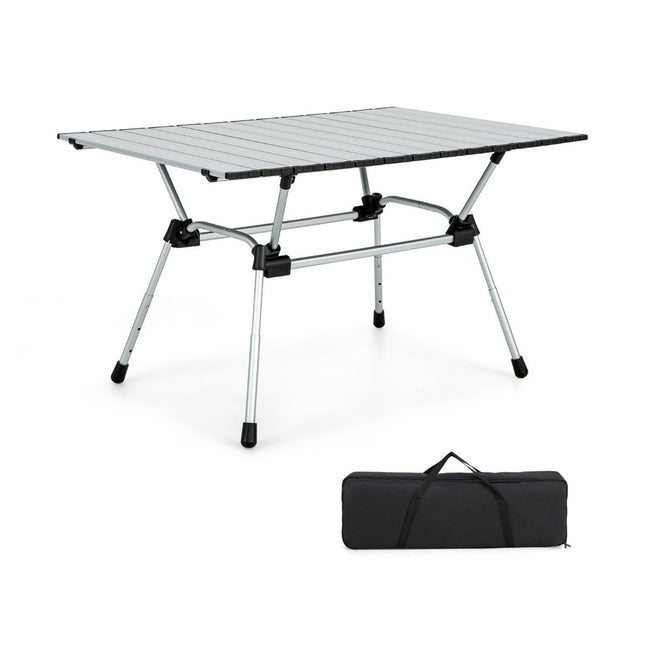 Opvouwbare kampeertafel met draagtas, 4 niveaus in hoogte verstelbaar 90 x 60,5 x 52 cm zilver