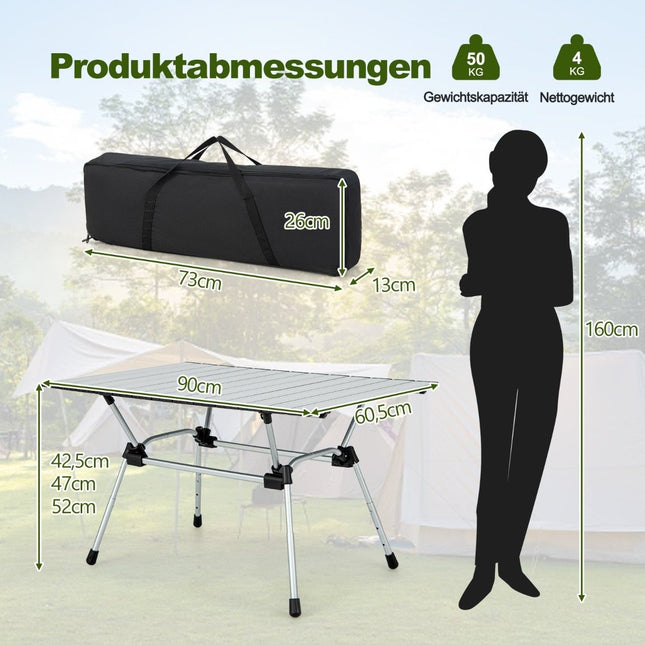 Opvouwbare kampeertafel met draagtas, 4 niveaus in hoogte verstelbaar 90 x 60,5 x 52 cm zilver