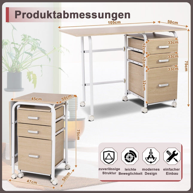 Opvouwbare computertafel met 3 lades bureau 105 x 50 x 75 cm naturel