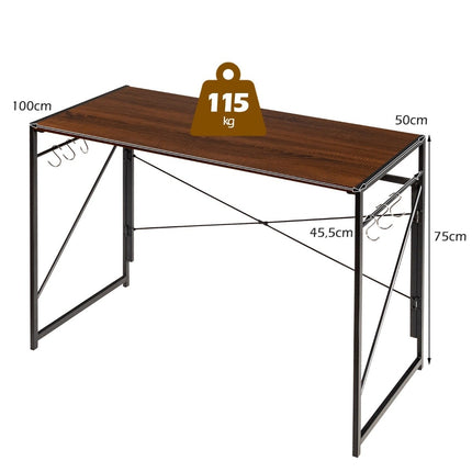 Skládací počítačový stůl, pracovní stůl s kovovým rámem, stolek na notebook, nosnost až 115 kg, hnědá, 100 x 50 x 75 cm