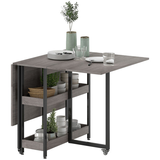 Opklapbare eettafel in industrieel design, voor maximaal 4 personen, open planken, flexibel, metaal, spaanplaat, grijs