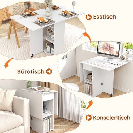 Opvouwbare eettafel met 2 wielen, mobiele opvouwbare tafel, eettafel met 2-laags opbergvak en lade, wit