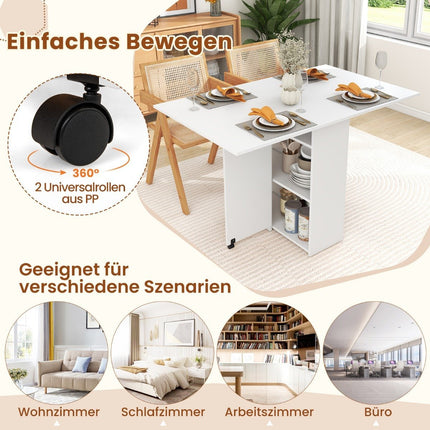 Opvouwbare eettafel met 2 wielen, mobiele opvouwbare tafel, eettafel met 2-laags opbergvak en lade, wit