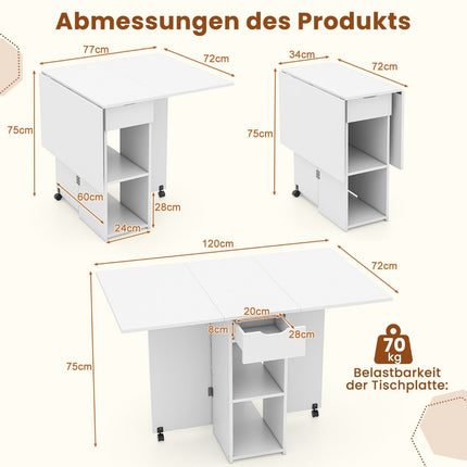 Opvouwbare eettafel met 2 wielen, mobiele opvouwbare tafel, eettafel met 2-laags opbergvak en lade, wit