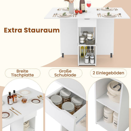 Opvouwbare eettafel met 2 wielen, mobiele opvouwbare tafel, eettafel met 2-laags opbergvak en lade, wit