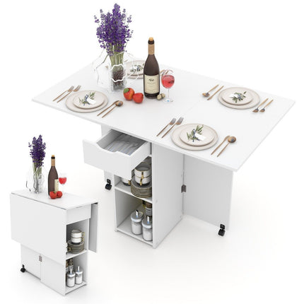 Opvouwbare eettafel met 2 wielen, mobiele opvouwbare tafel, eettafel met 2-laags opbergvak en lade, wit