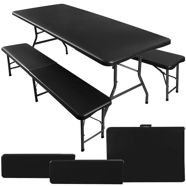 Opklapbare tuintafel 180cm + 2 banken - zwart