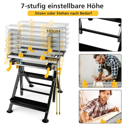 Folding work table with 8 movable clamps & 7 levels of height 100 kg load capacity