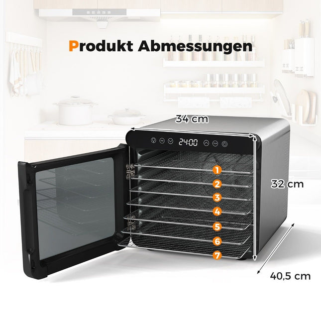 Dörrgerät, 600W, 7 Edelstahl-Einschübe, 24H Timer