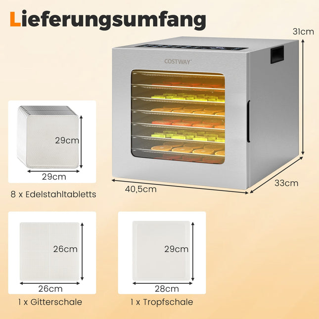 Dörrautomat, 8 Einschübe, 48h Timer, 35–75 °C, Silber