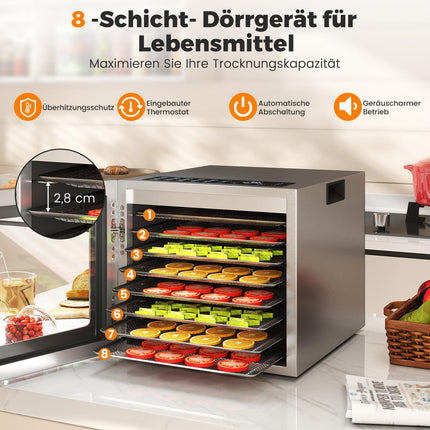 Food Dehydrator, 8 Trays, 48H Timer, 35–75C, Silver