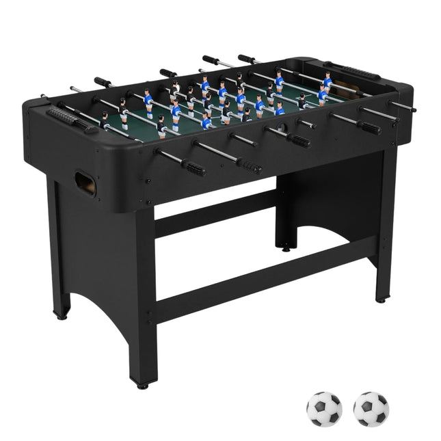 Tafelvoetbaltafel met 22 spelers, 2 ballen en scoretellers.