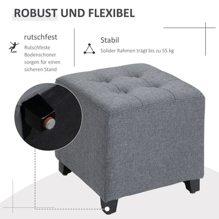 Šedá lněná podnožka taburet, dřevěné nohy, krychle 35 cm