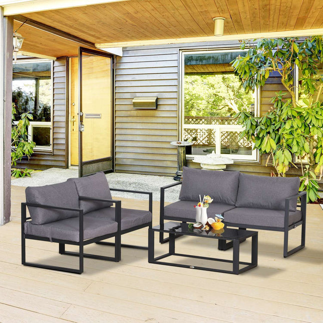 Čtyřdílná šedá sestava zahradního nábytku s poduškami a úložným prostorem