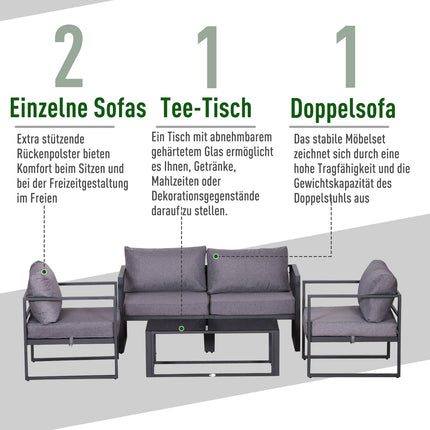 Čtyřdílná šedá sestava zahradního nábytku s poduškami a úložným prostorem