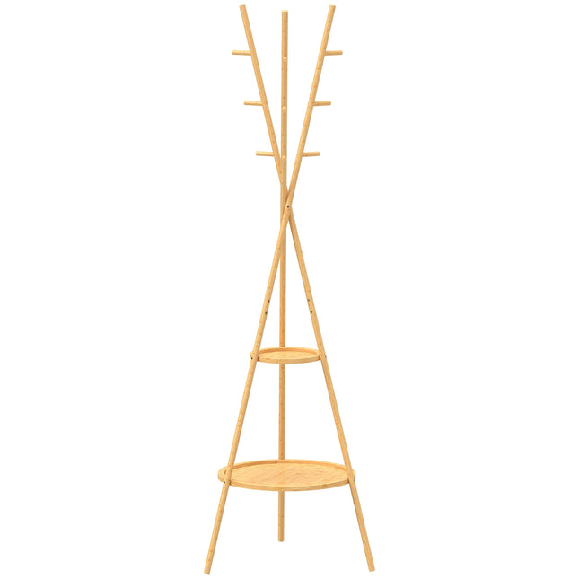 Vrijstaande bamboe kapstok, 9 haken, 2 planken, naturel