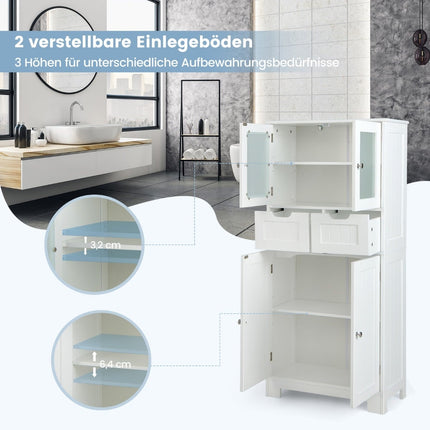 Freestanding Bathroom Cabinet with Glass Doors, 60x30x128 cm, White
