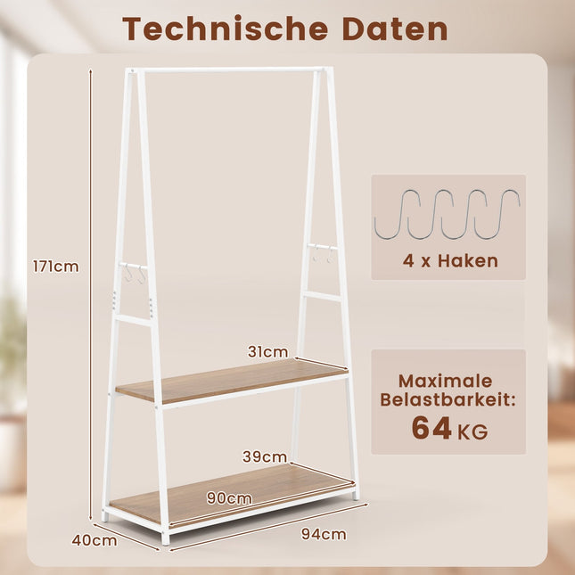 Vrijstaand kledingrek met 2 planken, wit