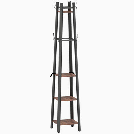 Freestanding Coat Rack, 4 Shelves, 8 Hooks, Industrial Style