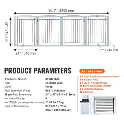 Freestanding Dog Gate, 32 in H x 96.5 in W, 4-Panel, White
