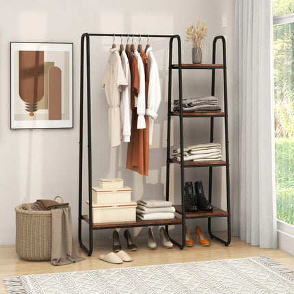 Freestanding Garment Rack with 5-Tier Shelves, Hanging Rod, Rustic Brown/Black