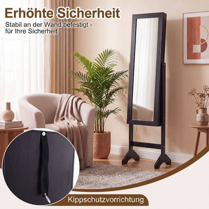 Freestanding Jewelry Armoire with Mirror, Velvet Lining, Black