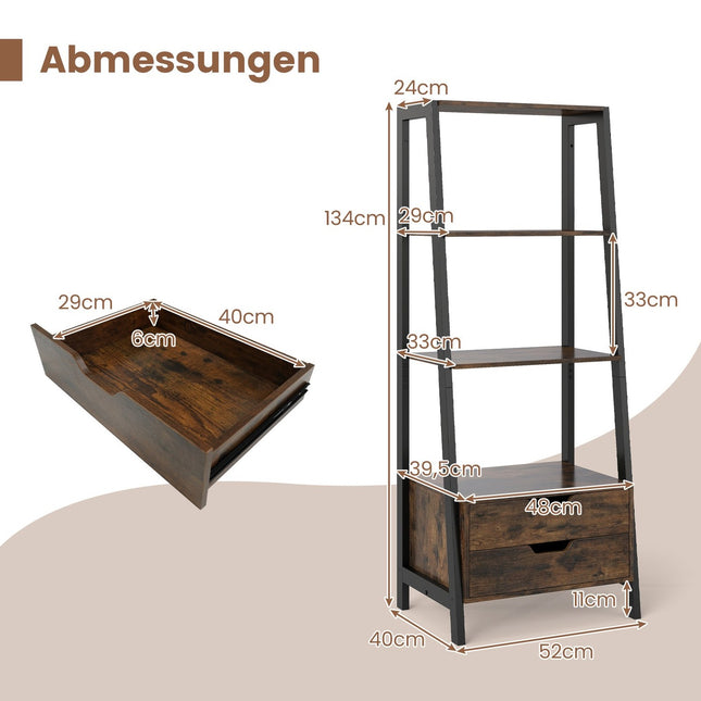 Freistehendes Leiterregal, 134 cm, 4 Ablagen, 2 Schubladen