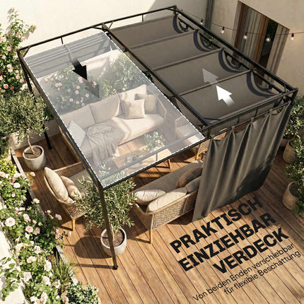 Volně stojící pergola 3x3m s nastavitelnou střechou a závěsy