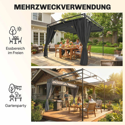 Volně stojící pergola 3x3m s nastavitelnou střechou a závěsy