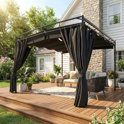 Volně stojící pergola 3x3m s nastavitelnou střechou a závěsy