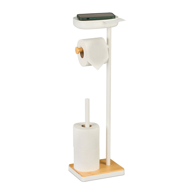 Vrijstaande toiletpapierhouder met plankje, geschikt voor 3 rollen.