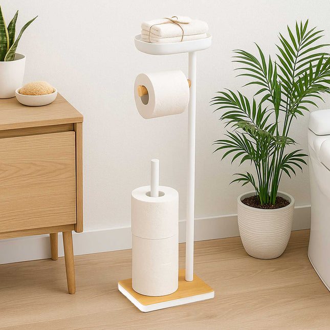 Vrijstaande toiletpapierhouder met plankje, geschikt voor 3 rollen.