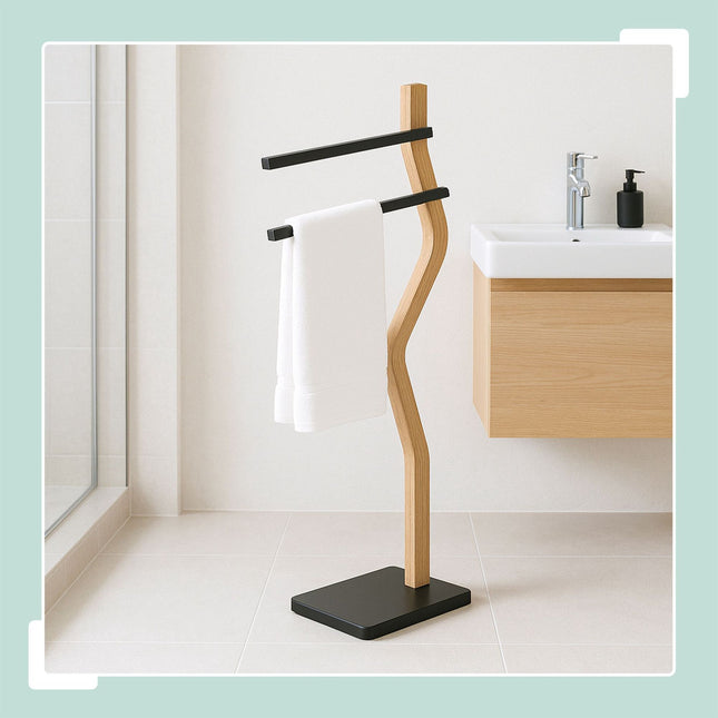 Freistehender Handtuchhalter, 2-armig, gebogener Holzrahmen