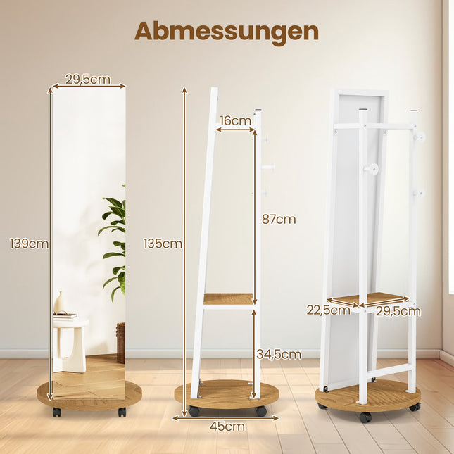 Vrijstaande kledingkastspiegel met haken en planken, wit