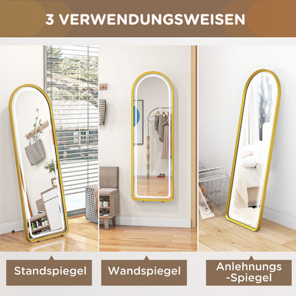LED Full Length Mirror, Dimmable Wardrobe Mirror, Touch Switch, Gold