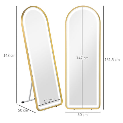 LED Full Length Mirror, Dimmable Wardrobe Mirror, Touch Switch, Gold