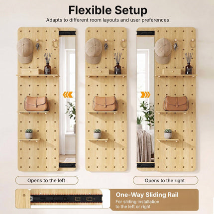 Full Length Mirror with Sliding Pegboard and 3 Shelves, Solid Wood, Natural