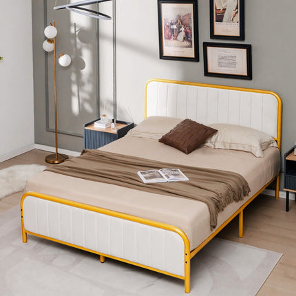 Full Size Metal Platform Bed Frame, Gold, Padded Headboard