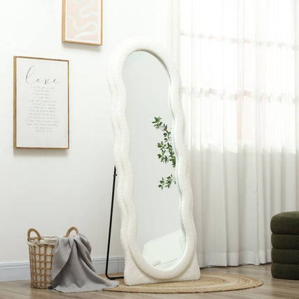 Celopostavové zrcadlo 160 x 60 cm zaoblené stojací zrcadlo s vlnitým designem nerozbitné sklo bílá